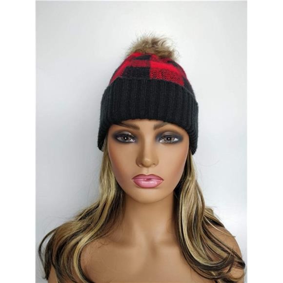 Women Winter Knit Beanie Pom Pom Hat Warm Fur Hats Buffalo Plaid Skull Ski main image 4